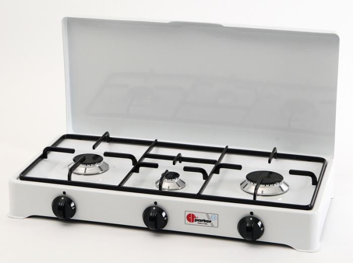 Parker Gaskocher 3-flammig mit Zündsicherung, Weiß emailliert
